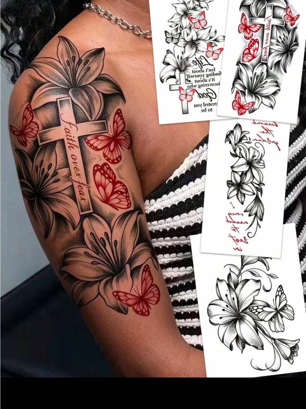 Temporary Floral Cross & Butterfly Tattoo Sleeve - Black and Red